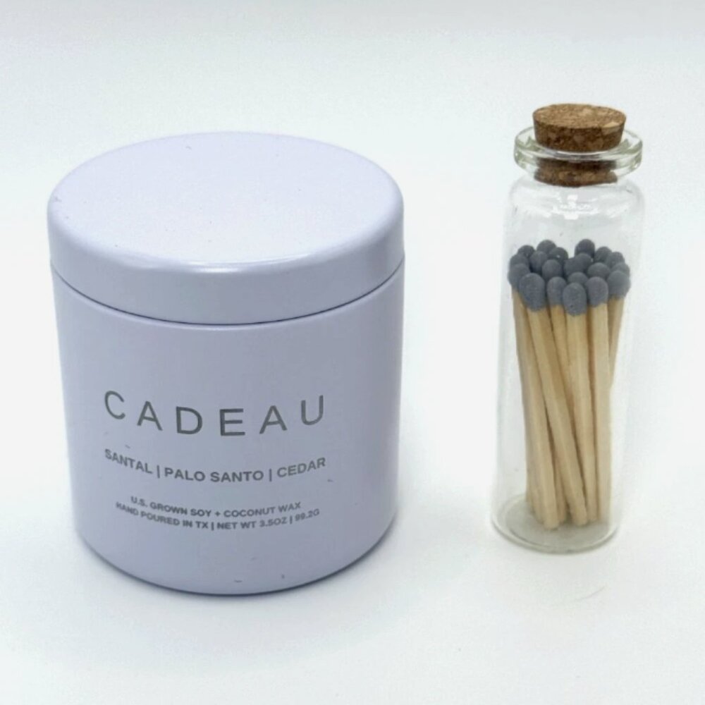 Cadeau Santal Cedar Hand Poured Soy Coconut Wax Candle with Mini Match Jar New‎